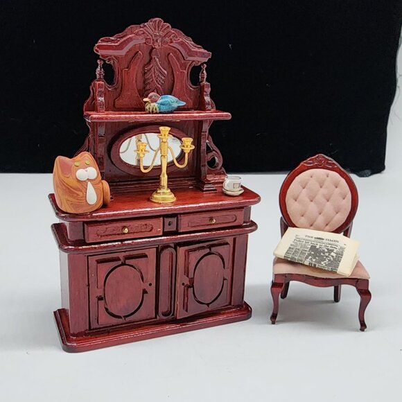 Antique Style Miniature Dollhouse Furniture Hutch Chair & Accessories - Picture 1 of 10
